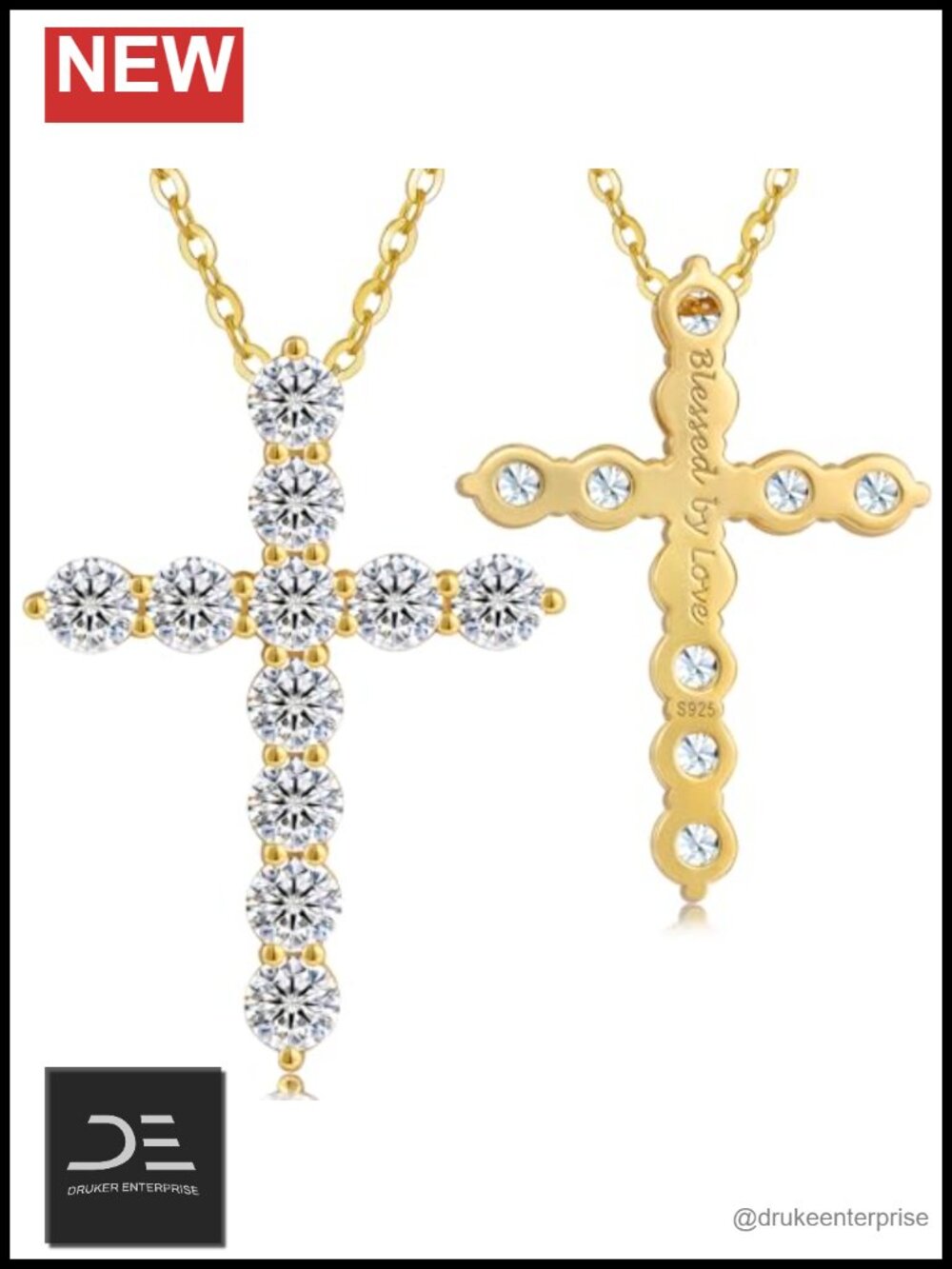 Moissanite Cross Necklace 14K Gold Plated 925 Sterling Silver D Color VVS1
